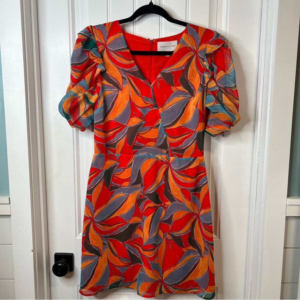 Adelyn Rae Pauline Puff Sleeve Blood Orange Multi Leaf Print Mini Dress. Size M. - Picture 4 of 16